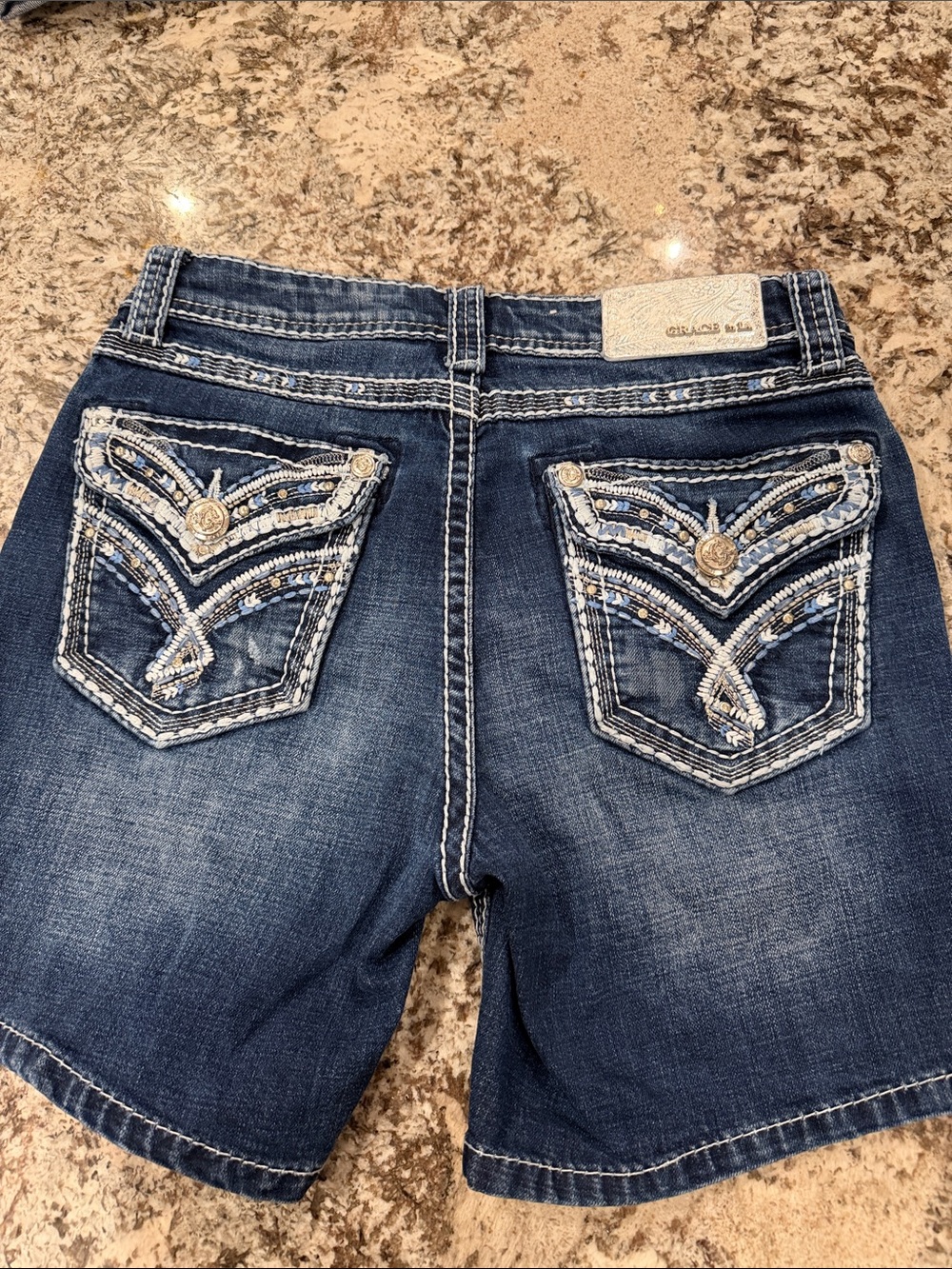 Grace in LA Women's Dark Blue Embellished Back Pocket Boyfriend Jeans